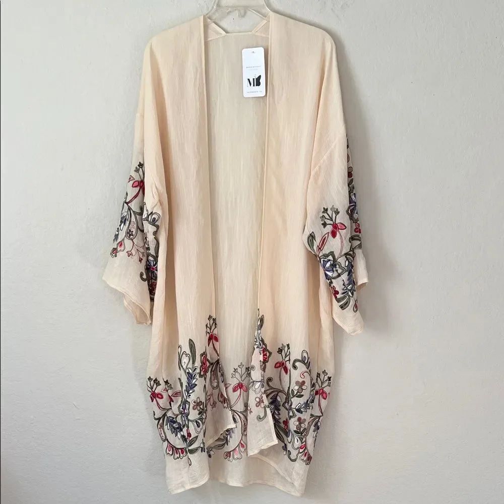 NWT Madam Butterfly Linen Floral Embroidered Kimono Cardigan Cream One Size